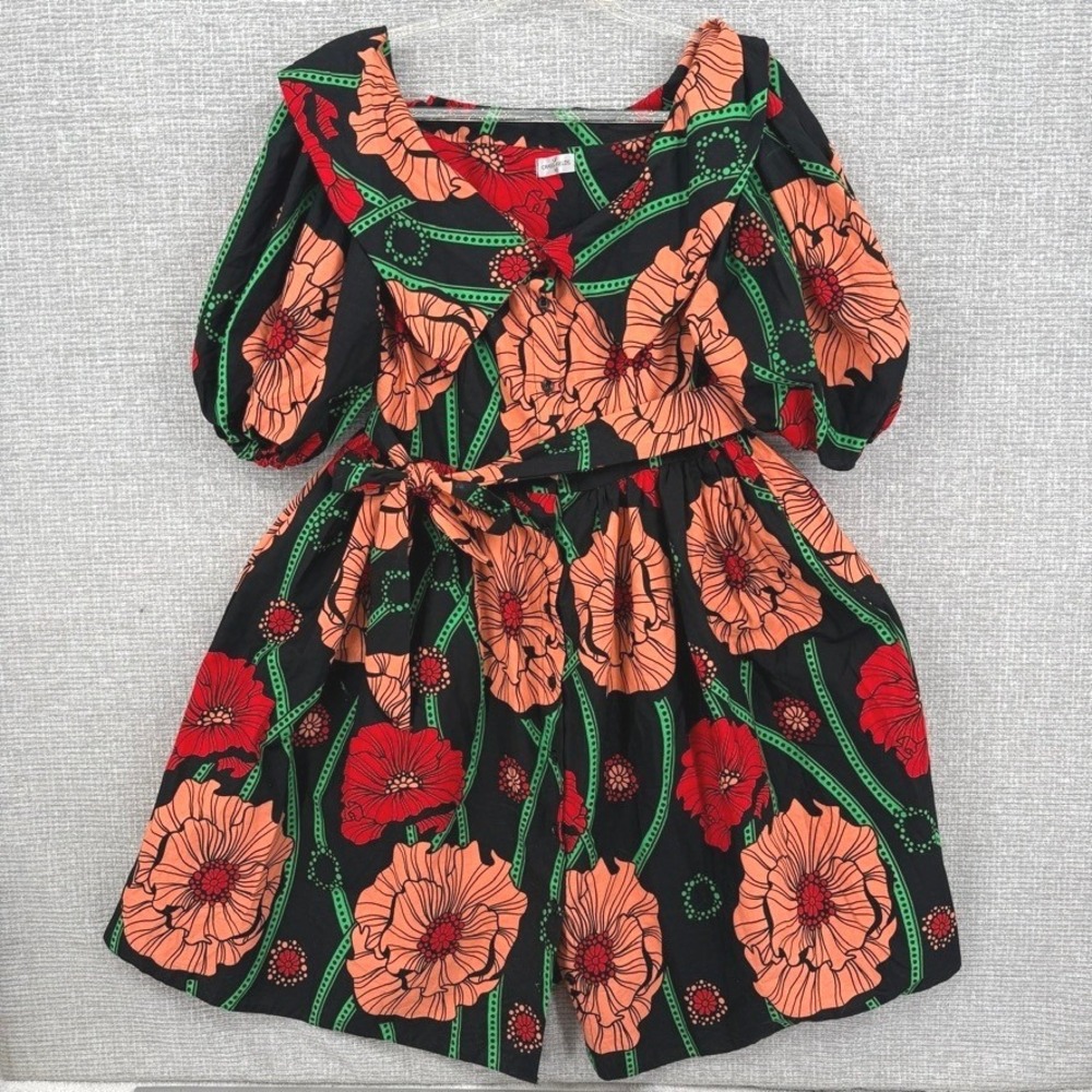 Grass-Fields Floral Puff Sleeve Mini Dress Sz 10 L Cotton Boho Concert Statemnet